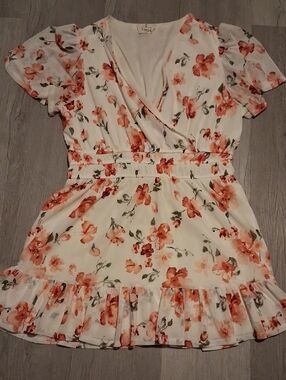Floral Wrap Mini Dress in Cream with Coral Blooms